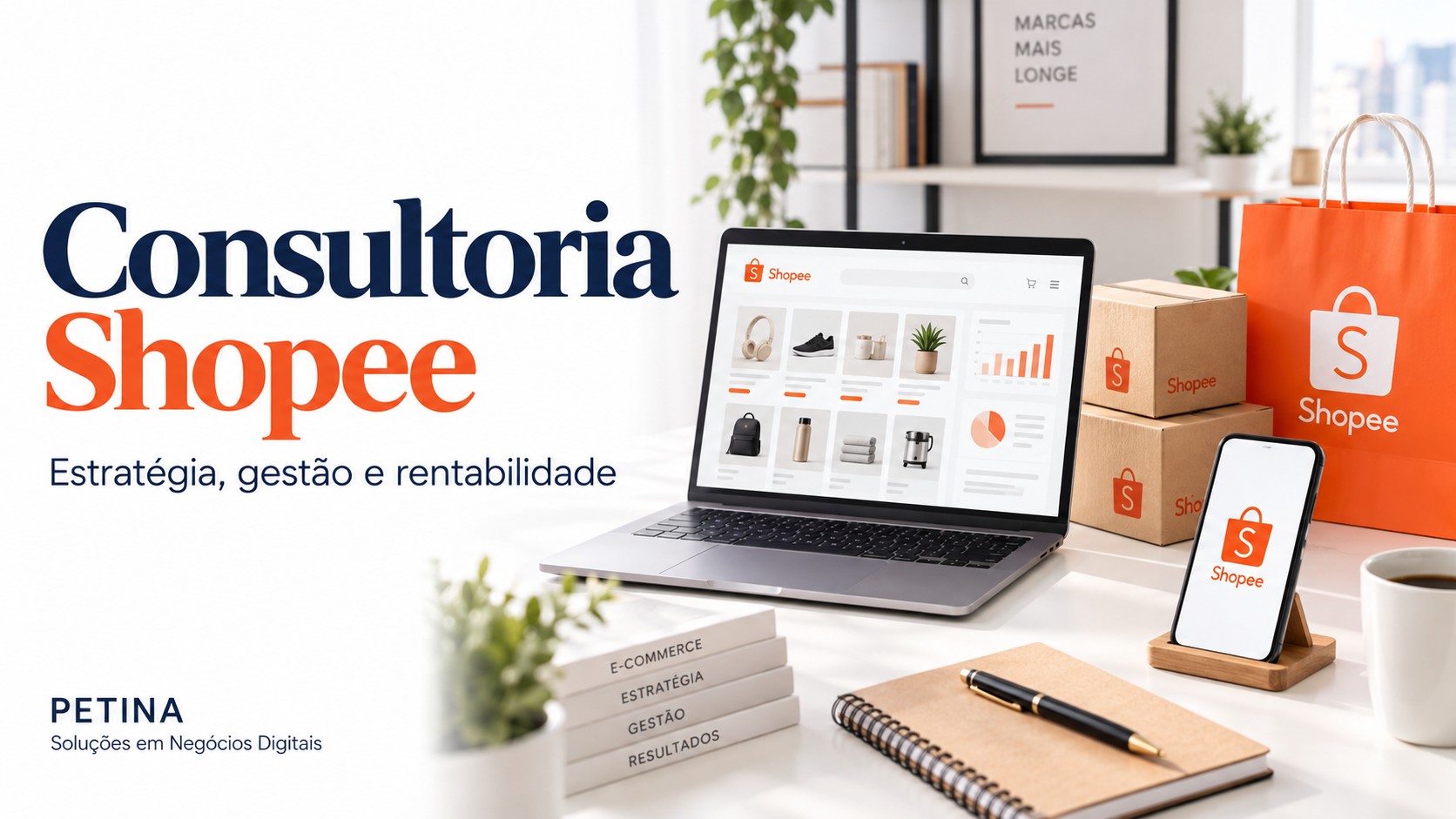 Consultoria Shopee da Petina: notebook com catálogo ilustrativo, celular e embalagens de vendas online.