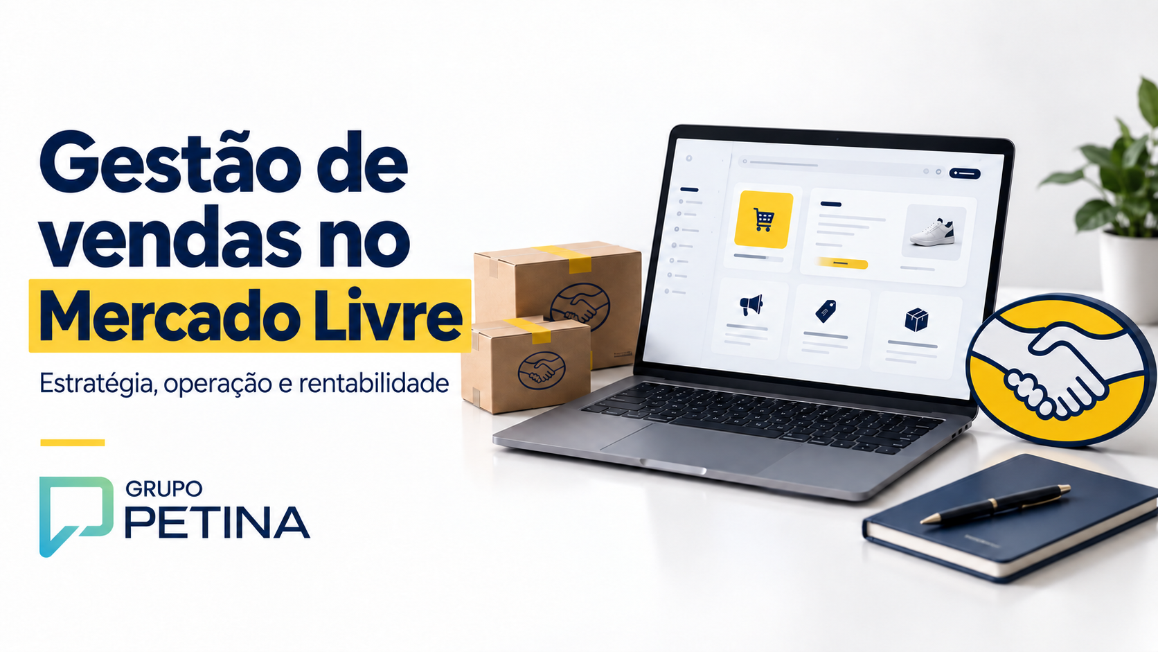 Gestão de vendas no Mercado Livre com a Petina: notebook com painel ilustrativo, encomendas e logotipos das marcas.