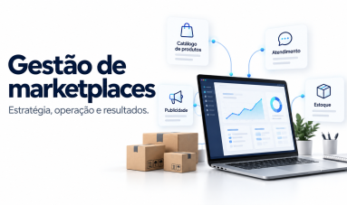 Gestão de marketplaces com notebook conectado às áreas de catálogo de produtos, atendimento, publicidade e estoque.