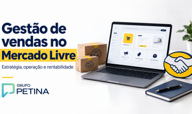 Gestão de vendas no Mercado Livre com a Petina: notebook com painel ilustrativo, encomendas e logotipos das marcas.