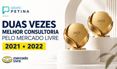 Petina, duas vezes eleita Melhor Consultoria pelo Mercado Livre em 2021 e 2022, com logotipos e troféus ilustrativos.